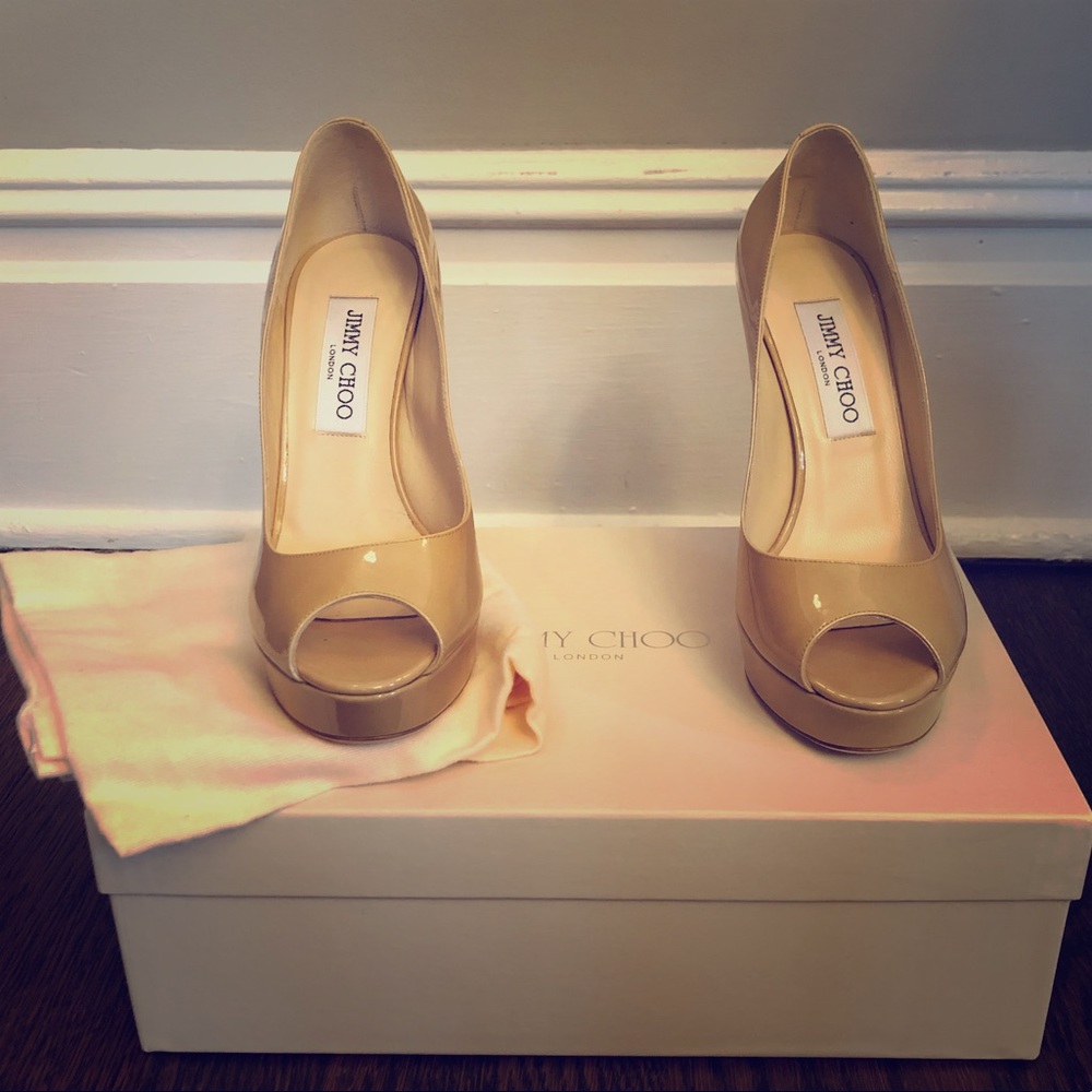 JIMMY CHOO Nude Patent Leather Peep-toe Pumps